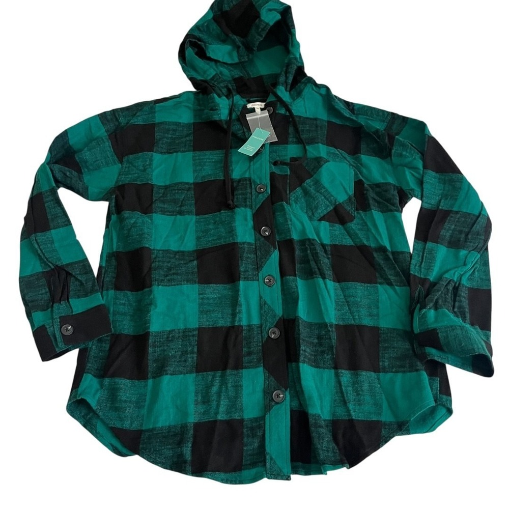 Maurices Womens Green Black Buffalo Plaid Hooded Flannel Shirt Jacket‎ Large New
